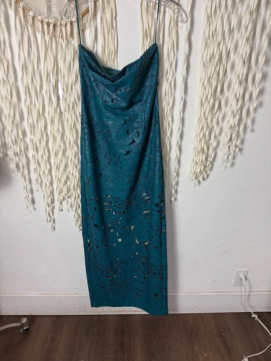 Cult Gaia Raylene Teal Lazer Cut Embroidered Strapless Midi Dress Size US6 - Picture 3 of 12